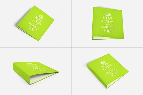 Green binder with white text displayed in four different angles on a plain white background, stationery mockup set.