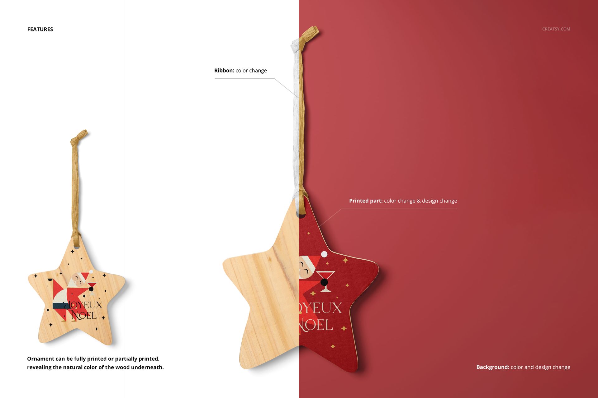 Star-shaped wooden ornament mockup showing a split design with natural wood on one side and festive print on the other.