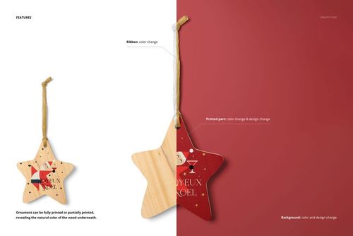 Star-shaped wooden ornament mockup showing a split design with natural wood on one side and festive print on the other.