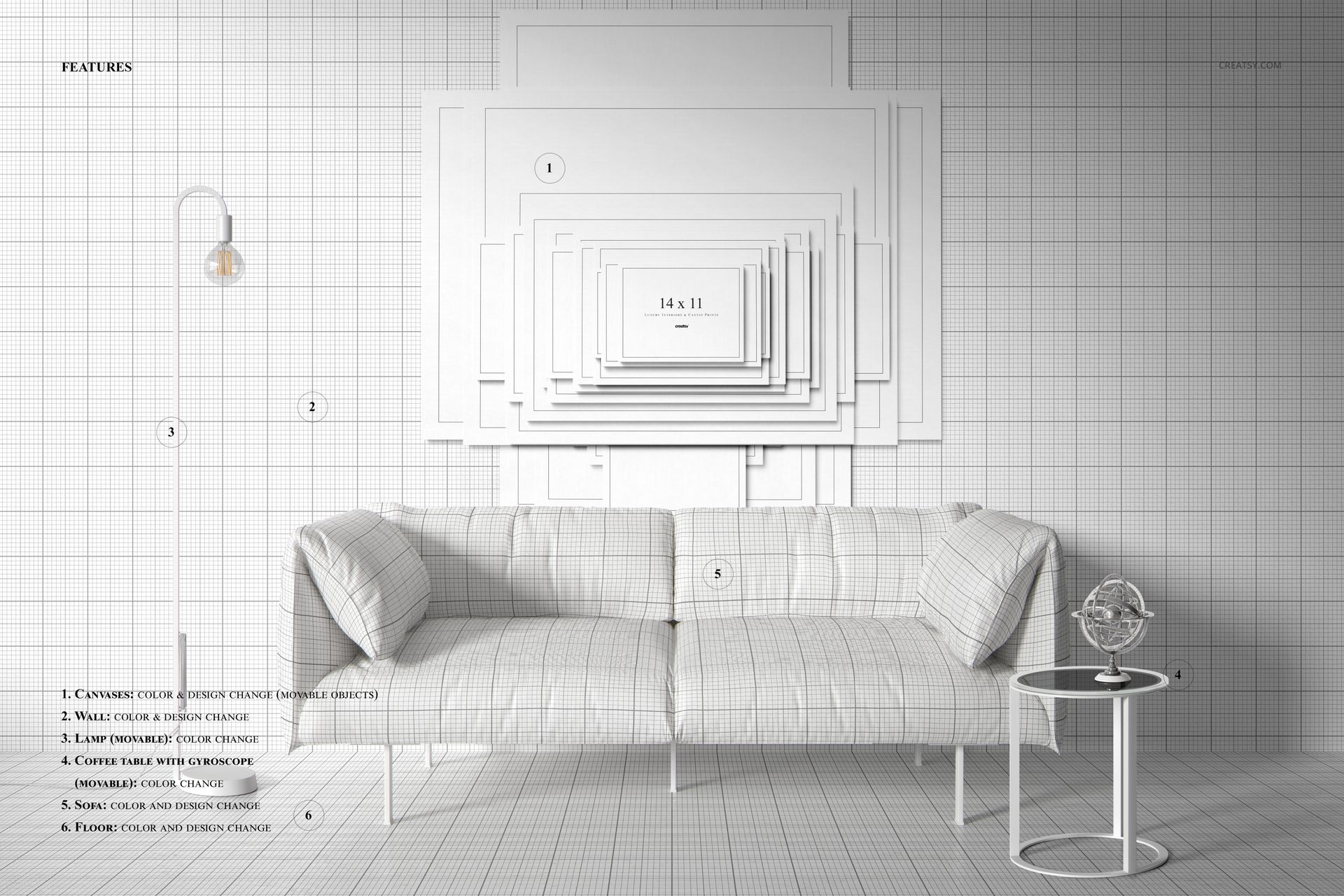 Loft style room with a white leather sofa, modern wall art mockup, and a geometric grid background.