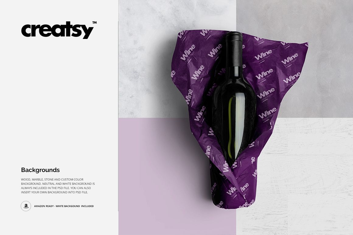 Wine bottle wrapped in purple tissue paper with white text, displayed on a textured surface in a mockup scene.