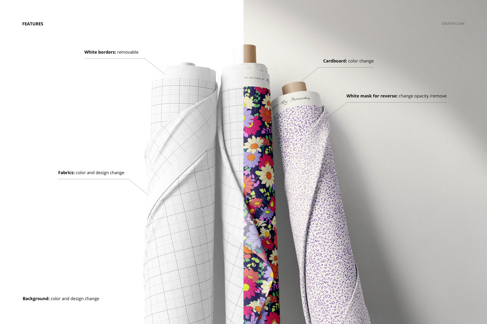 Mockup of three fabric rolls, each with different designs, including grid lines, multicolor florals, and scattered dots.