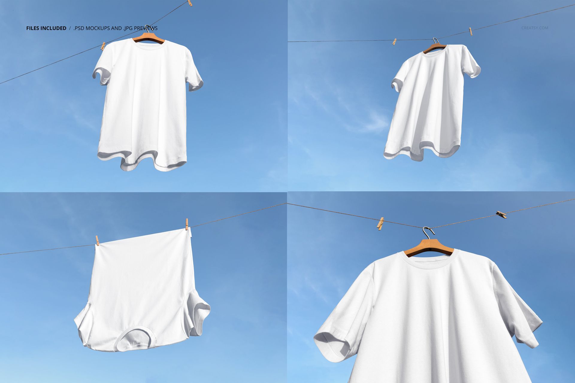 White adult t-shirt displayed in four mockup views, each hanging on a clothesline against a clear blue sky background.