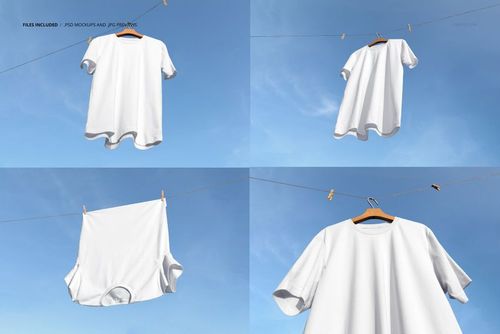 White adult t-shirt displayed in four mockup views, each hanging on a clothesline against a clear blue sky background.