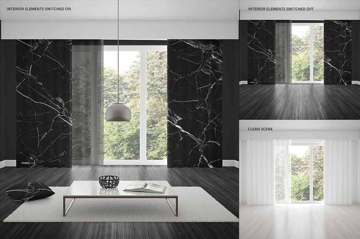 Curtains room scene PSD mockup showing black marble curtains, sheer curtain option, and minimalist furniture, front perspective.
