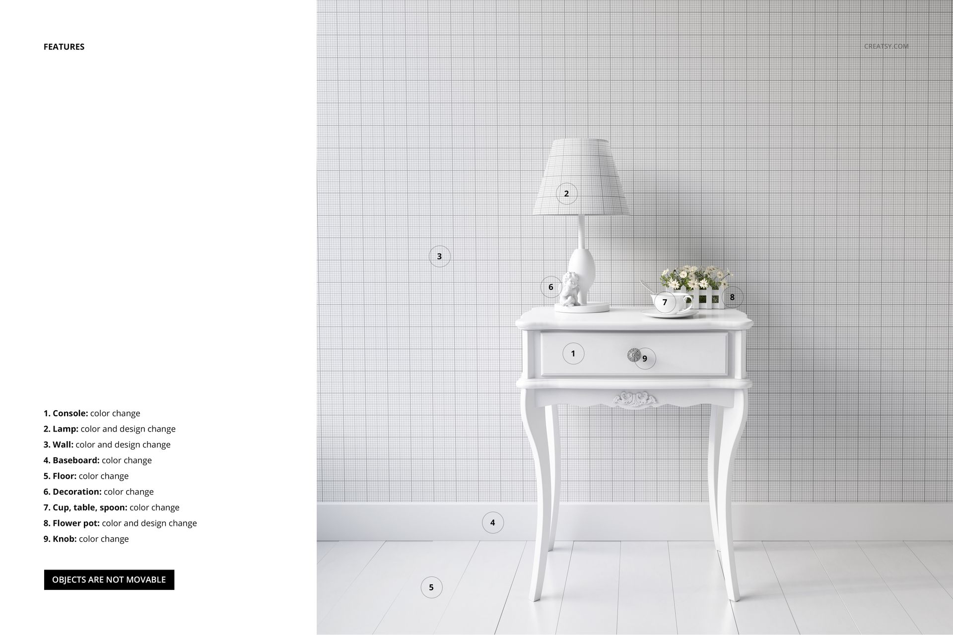 White console table mockup with lamp, small decor items, and flowers on top, placed in a bright minimalist room.