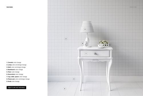 White console table mockup with lamp, small decor items, and flowers on top, placed in a bright minimalist room.