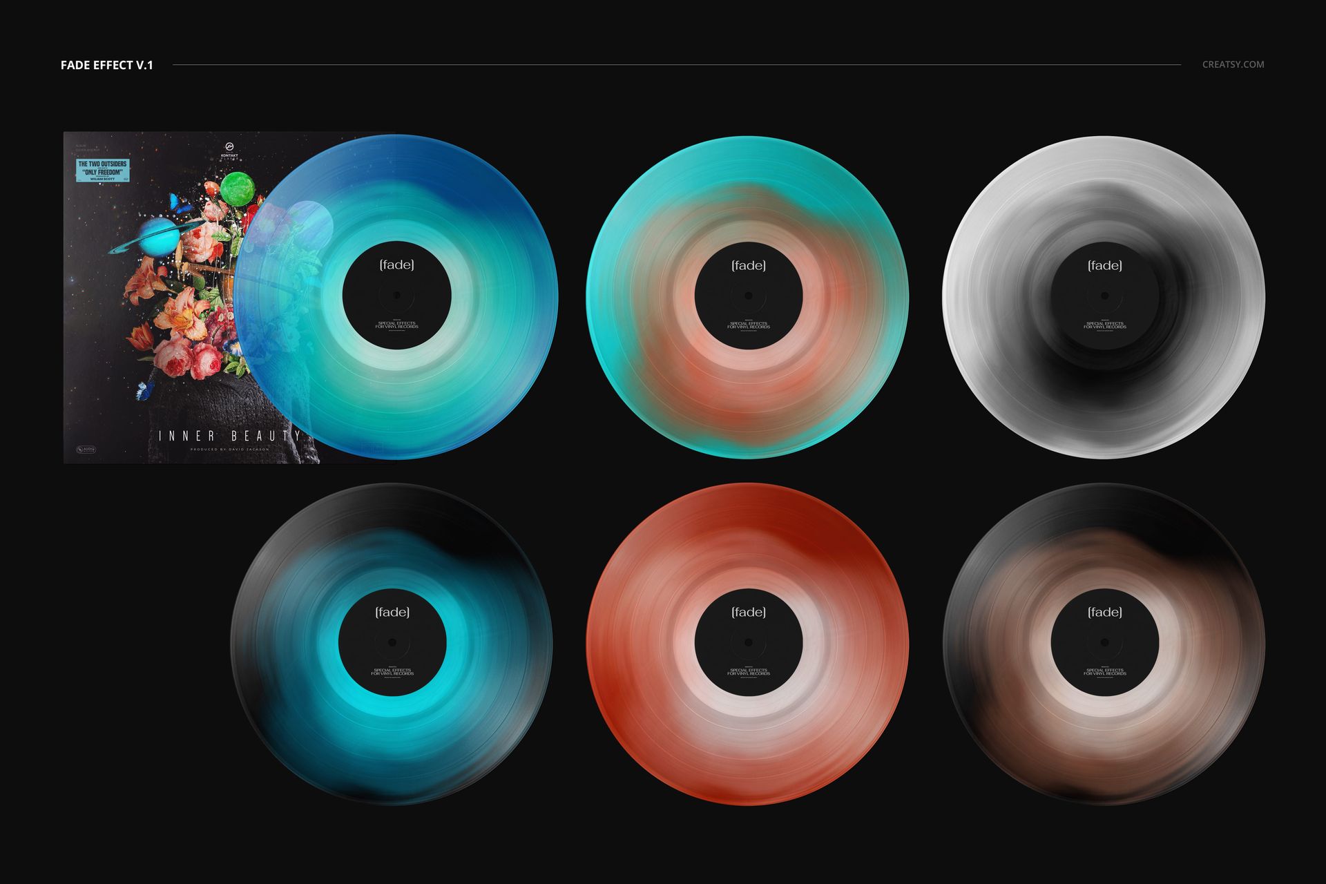 PSD mockup set showing six colorful vinyl records and a cover, arranged on a black background in a grid layout.