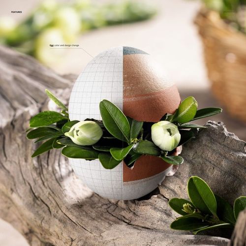 Rustic Easter egg mockup featuring a split design on a wooden branch, adorned with green boxwood leaves and white flowers.