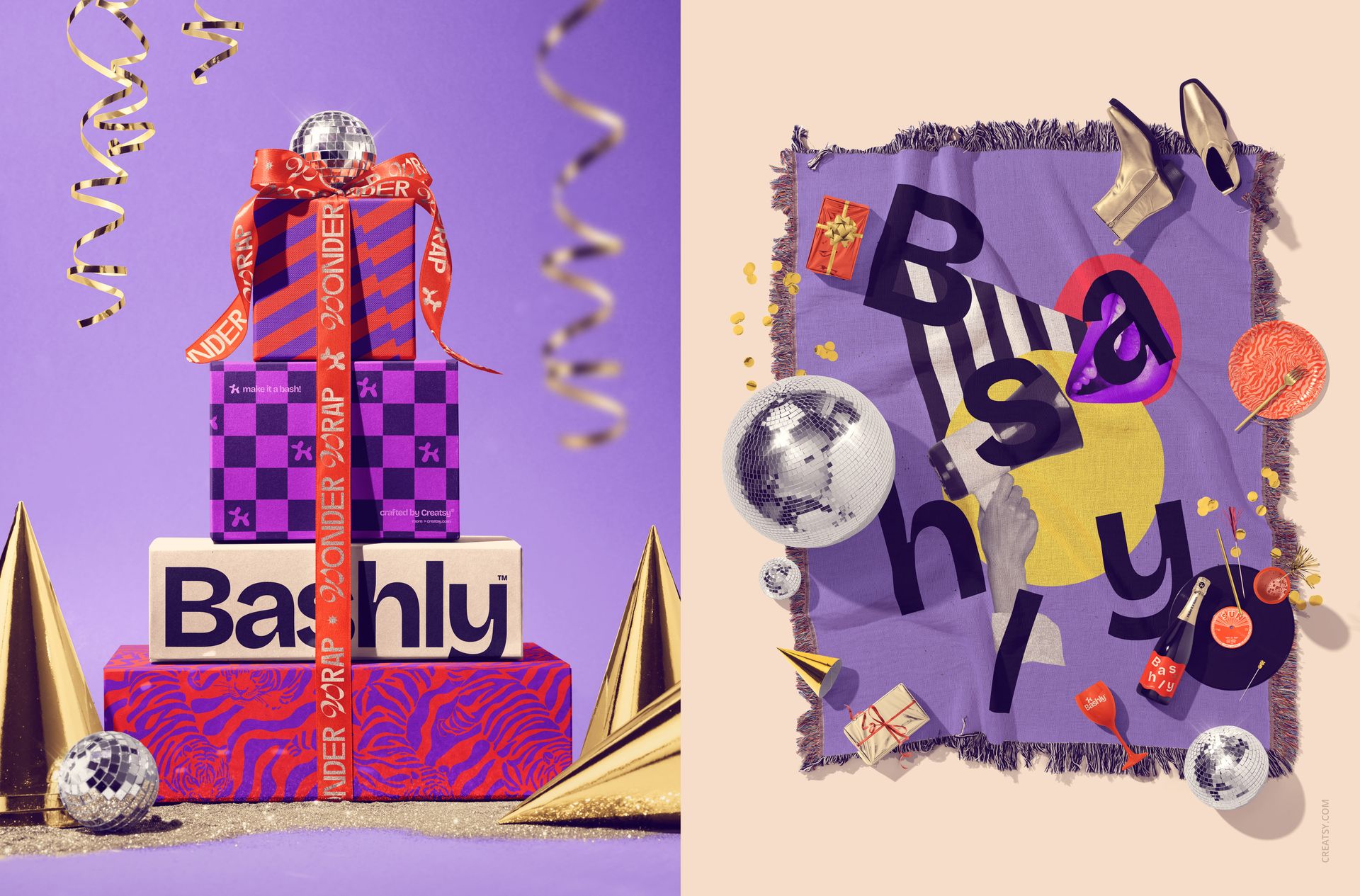 Party-themed mockup scene with stacked gift boxes, ribbons, and gold cones on a purple background, plus a decorated blanket.