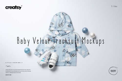 Baby tracksuit mockup featuring a blue sweatshirt with airplane print, white sneakers, and pastel balls on a light background.