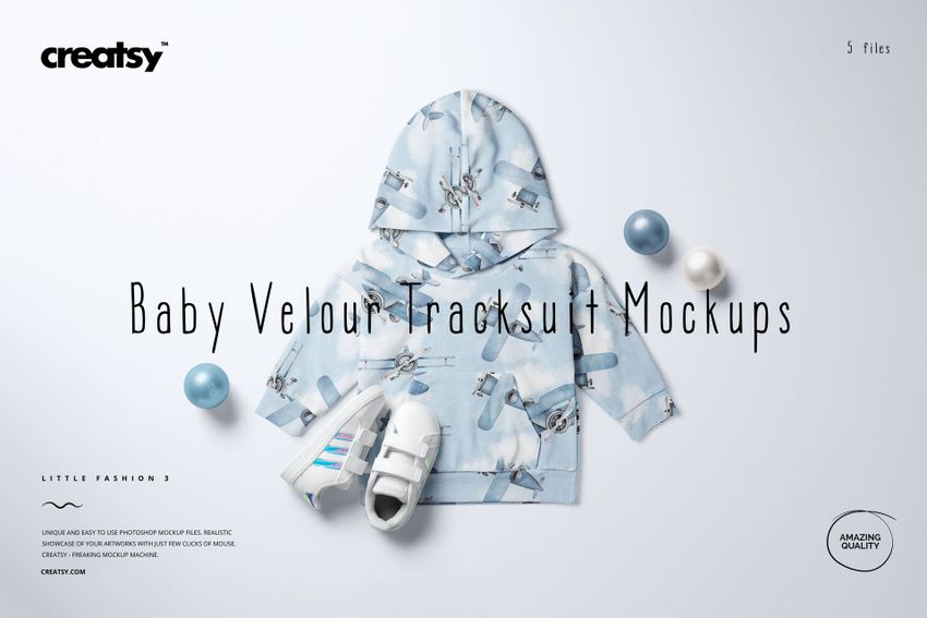 Baby tracksuit mockup featuring a blue sweatshirt with airplane print, white sneakers, and pastel balls on a light background.