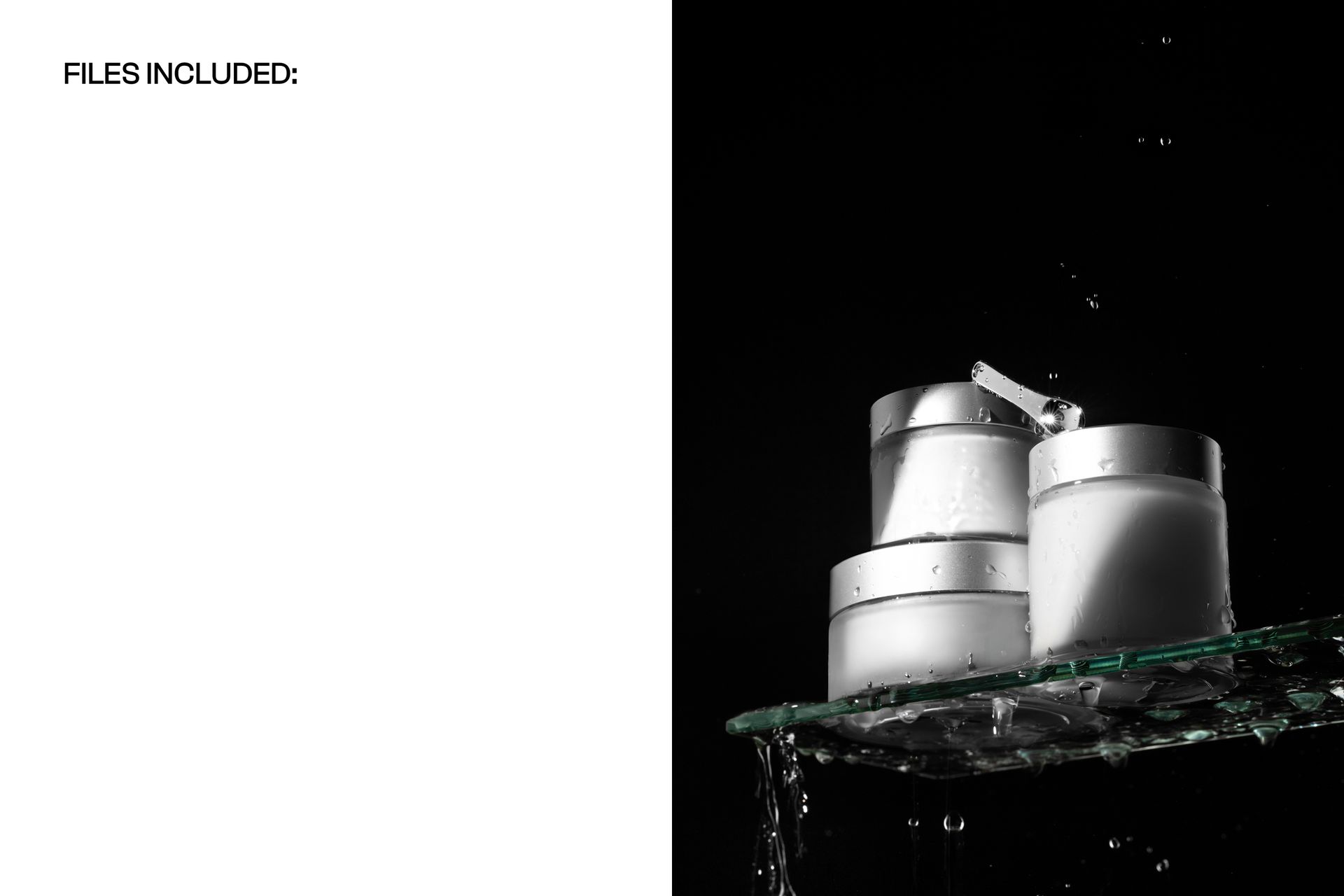 PSD mockup featuring several round cosmetic jars on a wet glass shelf, illuminated with high-contrast lighting.