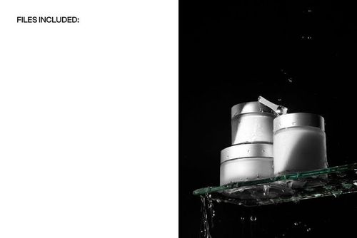 PSD mockup featuring several round cosmetic jars on a wet glass shelf, illuminated with high-contrast lighting.