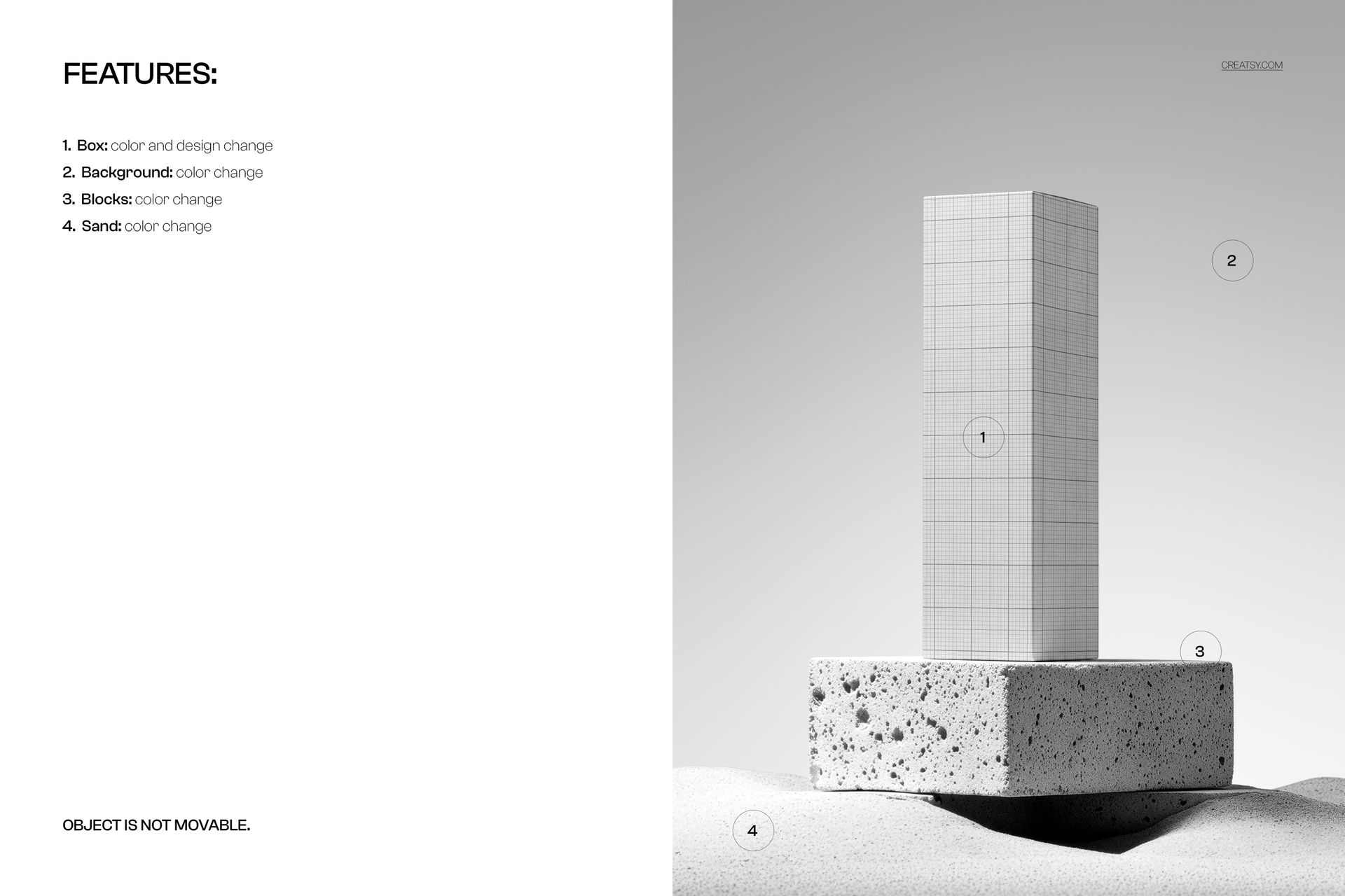 Tall rectangular cosmetic packaging box mockup standing upright on a textured brick pedestal with sandy surroundings.