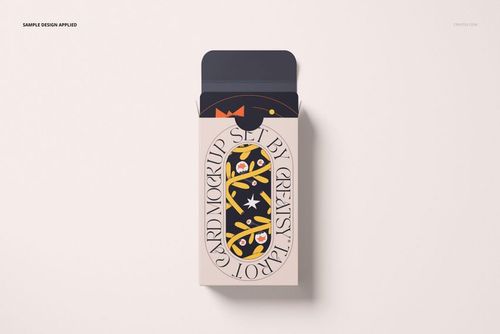 Front view of a tarot card mockup set with illustrated cards partially visible inside a beige box on a light background.