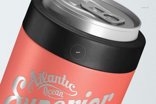 Angled view of a coral beverage can holder cooler mockup with silver engraved lettering and a visible can lid.