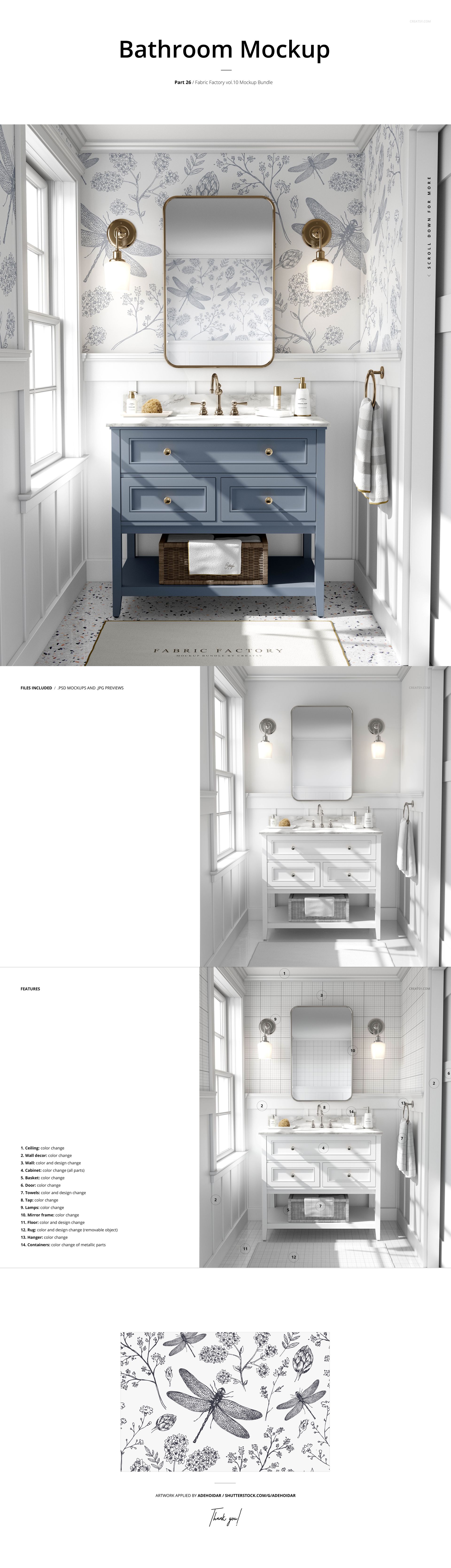 Bathroom mockup scene featuring a blue vanity, wall mirror, floral wallpaper, and gold sconces in a bright setting.