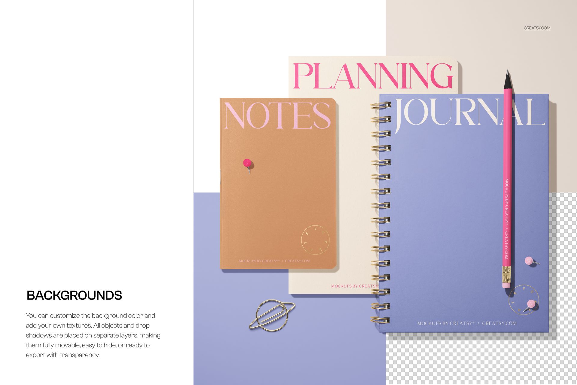 Softcover notebooks and spiral journal mockup with pastel covers, pencil, and paper clip on a light surface.