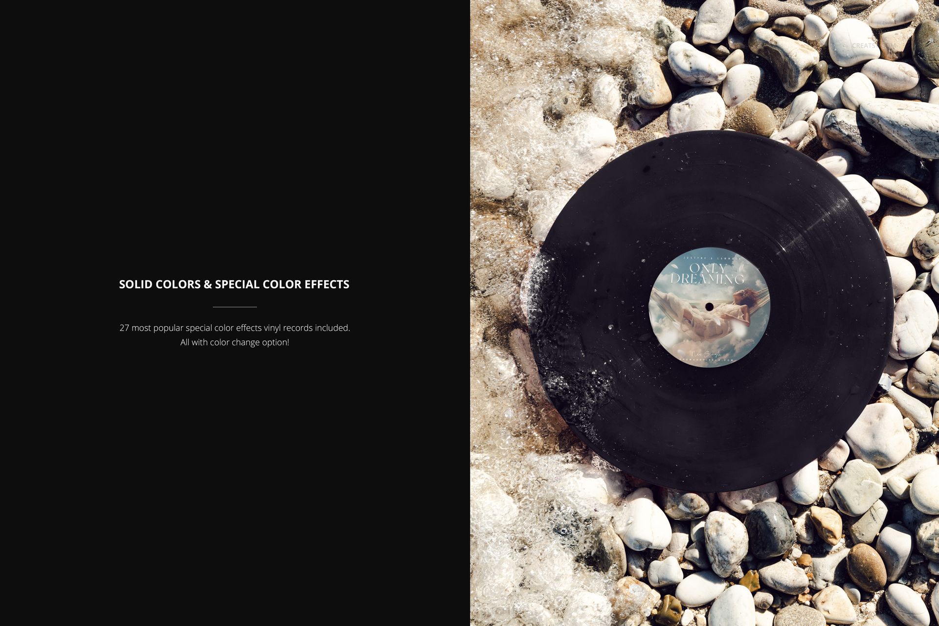 Colored vinyl record mockup placed among sunlit beach pebbles, with water and foam visible along the edge.