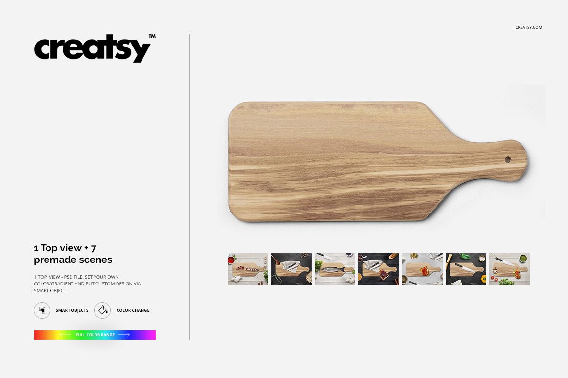 PSD mockup showing a top-down perspective of a light wood serving board with smooth curves and visible grain pattern.