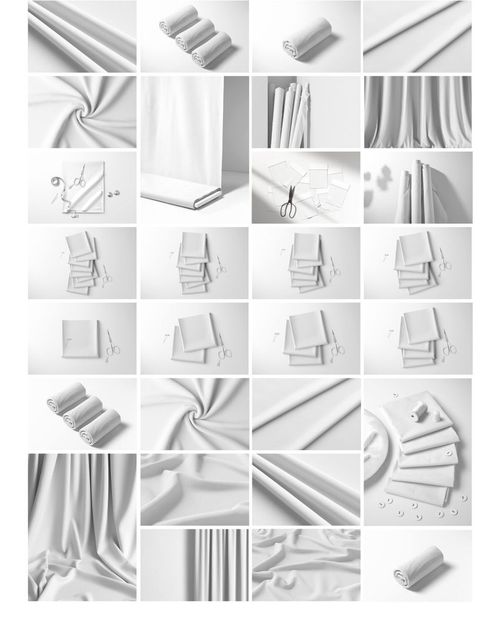 Various white fabric mockups displayed in different arrangements, including folded, rolled, and draped styles on a neutral background.