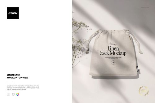 Linen sack mockup shown from above, featuring a natural fabric texture and subtle decorative shadows on a light background.