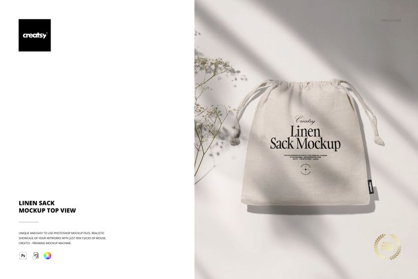 Linen sack mockup shown from above, featuring a natural fabric texture and subtle decorative shadows on a light background.