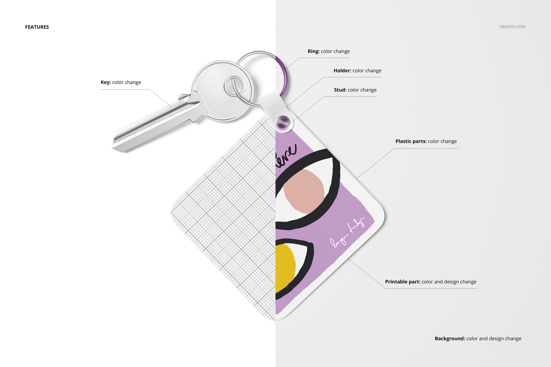 Key tag mockup featuring a rectangular plastic tag attached to a metal key and ring, shown in a split design view.