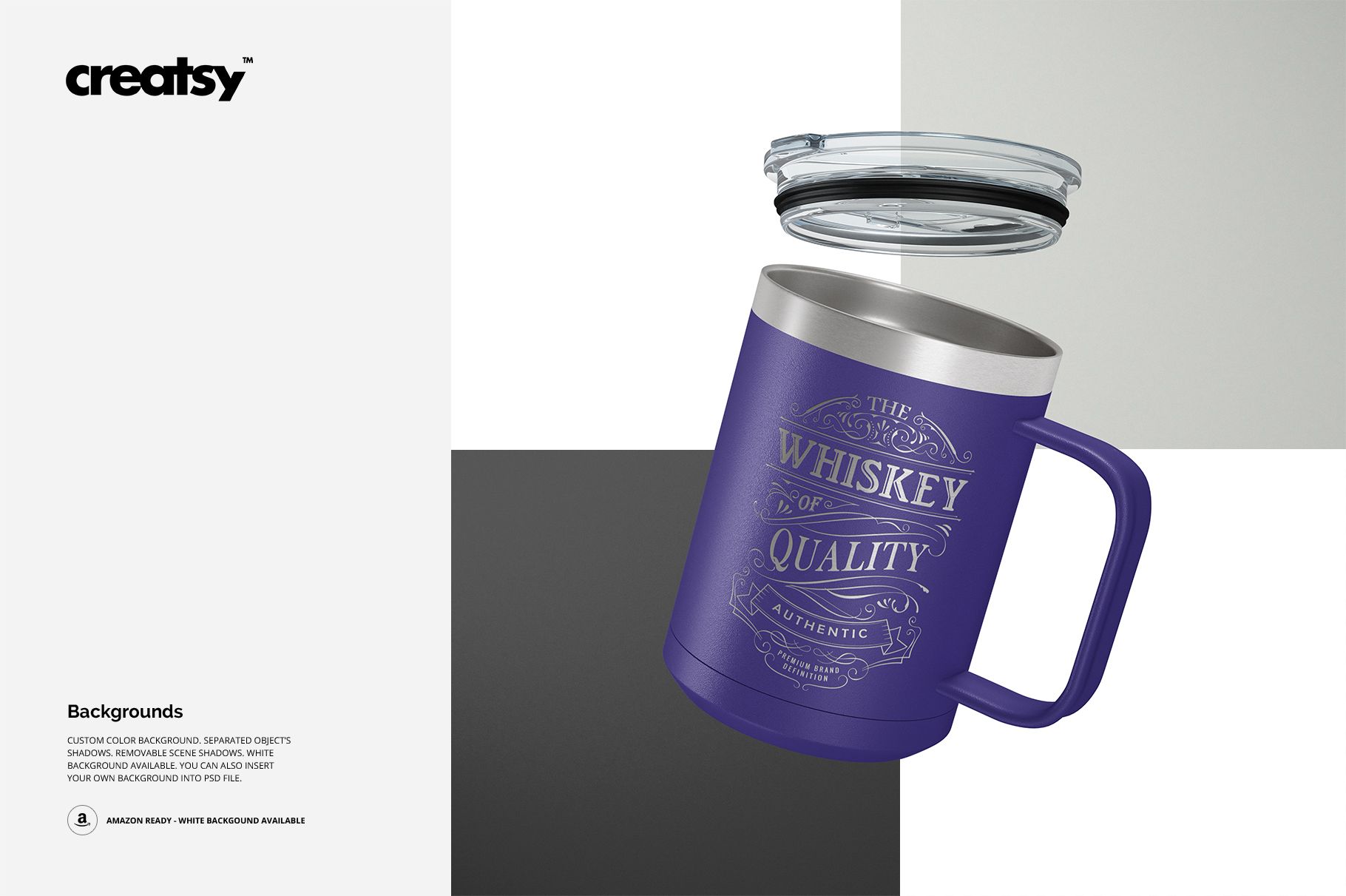 Purple camp coffee mug with decorative text design, shown at an angle with transparent lid floating above on a gray background.