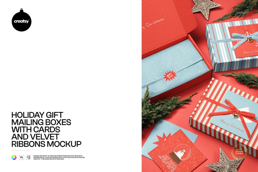 Holiday Gift Mailing Boxes with Cards and Velvet Ribbons Mockup - mockup screenshot 1