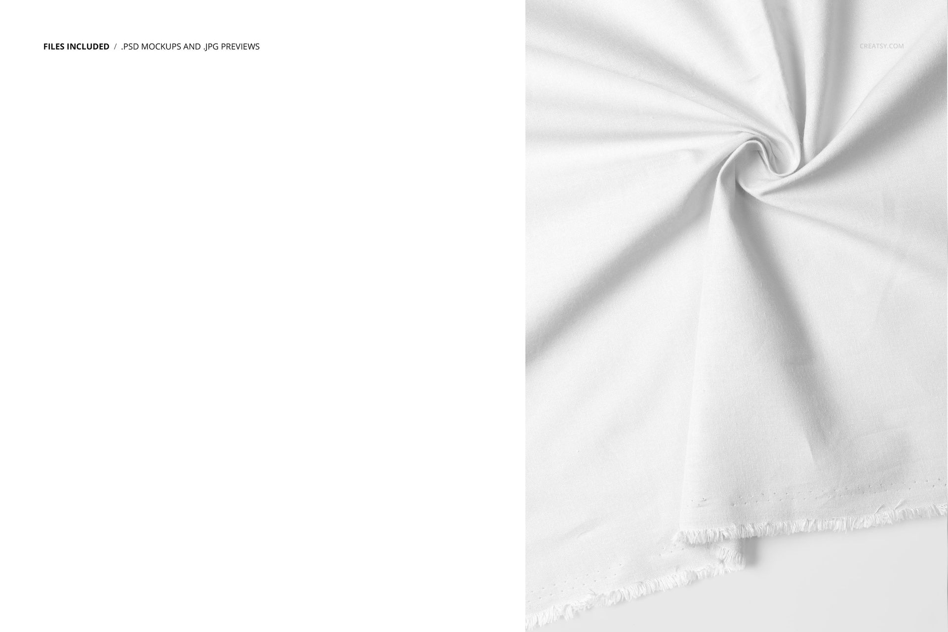White cotton fabric mockup shown from a top view, softly draped with a swirl fold and frayed edge detail.