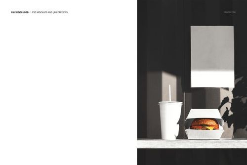 Front view of a burger box, white cup with straw, and blank poster mockup on a sunlit outdoor surface with shadows.