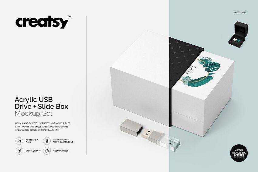 Front view of an acrylic USB drive and slide box mockup with white and black colors, tropical leaf design, and USB accessories.
