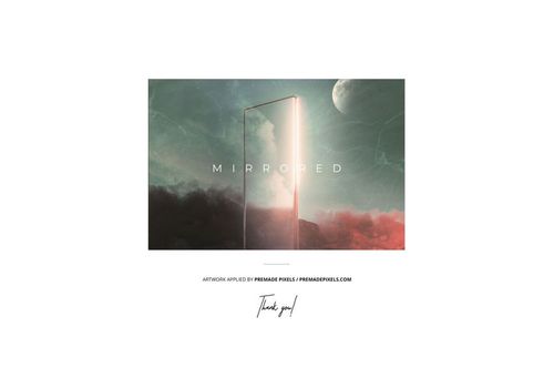 Vinyl record cover mockup featuring a surreal mirrored surface with clouds, a planet, and misty green and red tones.