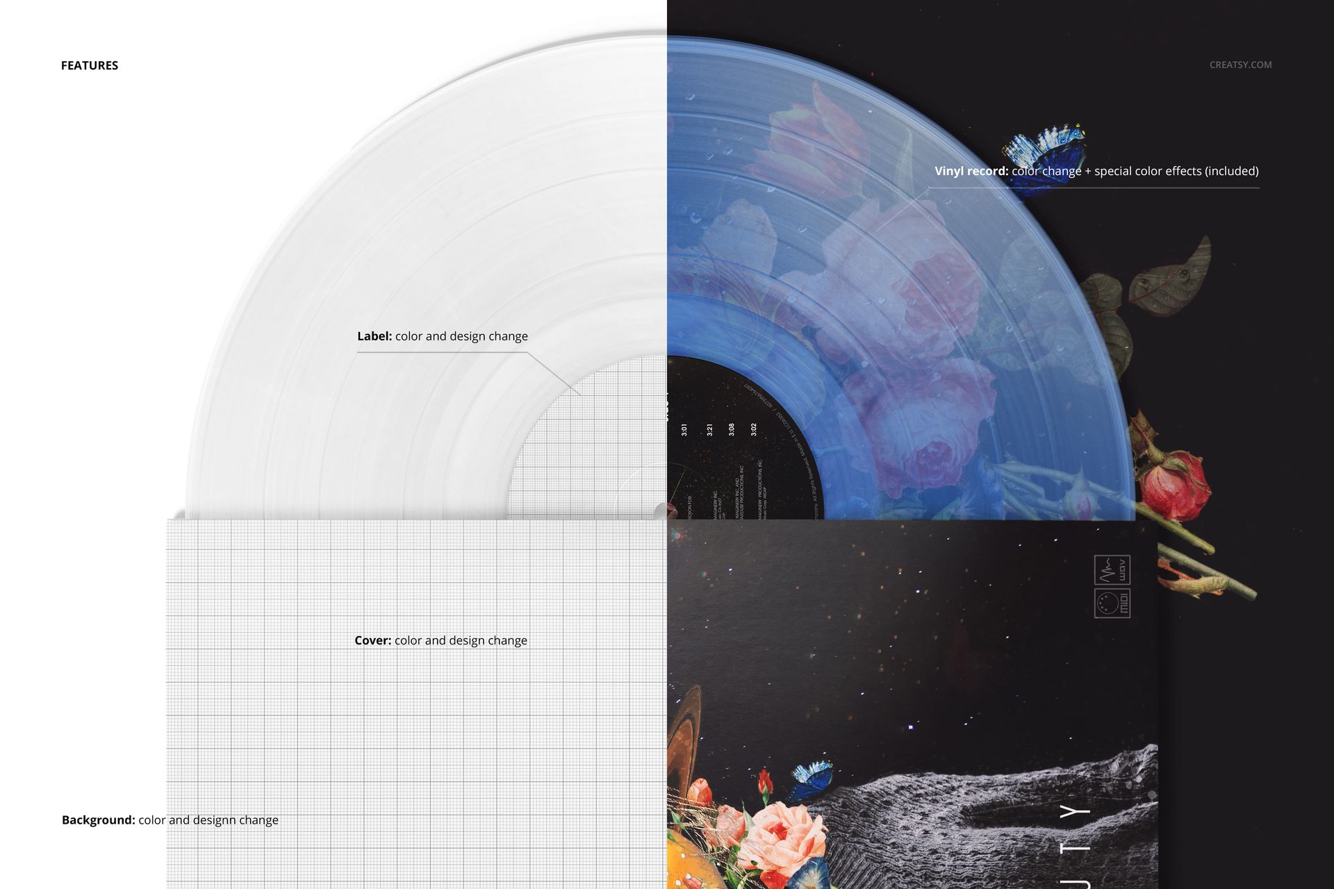 Detailed close-up of a translucent vinyl record in a cover mockup, featuring both grid and floral background designs.