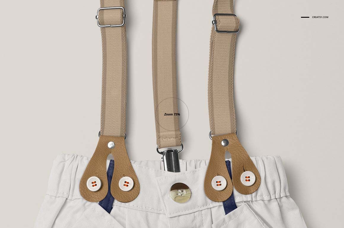 Close-up front view of a boys formal set mockup showing beige suspenders attached to white trousers with buttons.