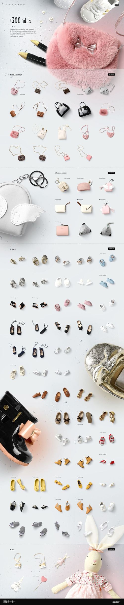 Assorted kids apparel and accessories mockup set displayed from a top view, featuring shoes, hats, bags, and plush toys.