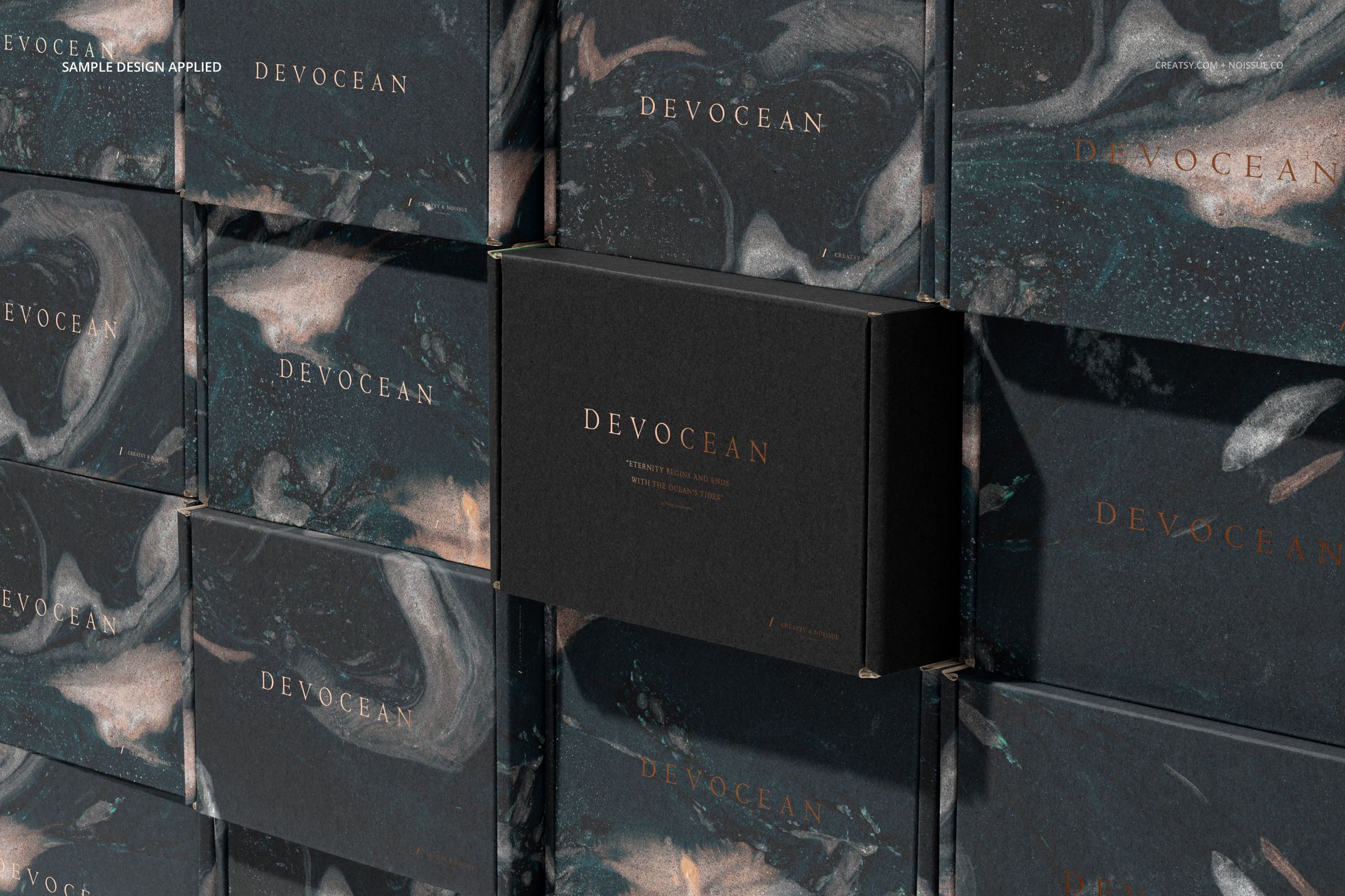 PSD mockup of multiple packaging boxes arranged in a grid, featuring dark abstract patterns and metallic text.
