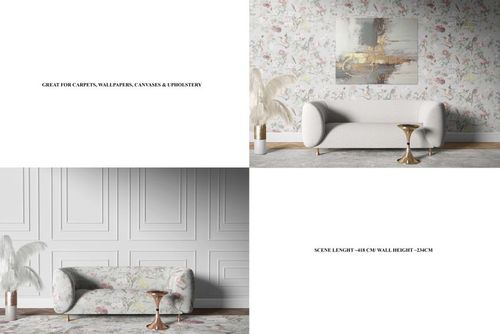 PSD mockup featuring lounge sofas with decorative prints on walls, gold side tables, and light-toned flooring.