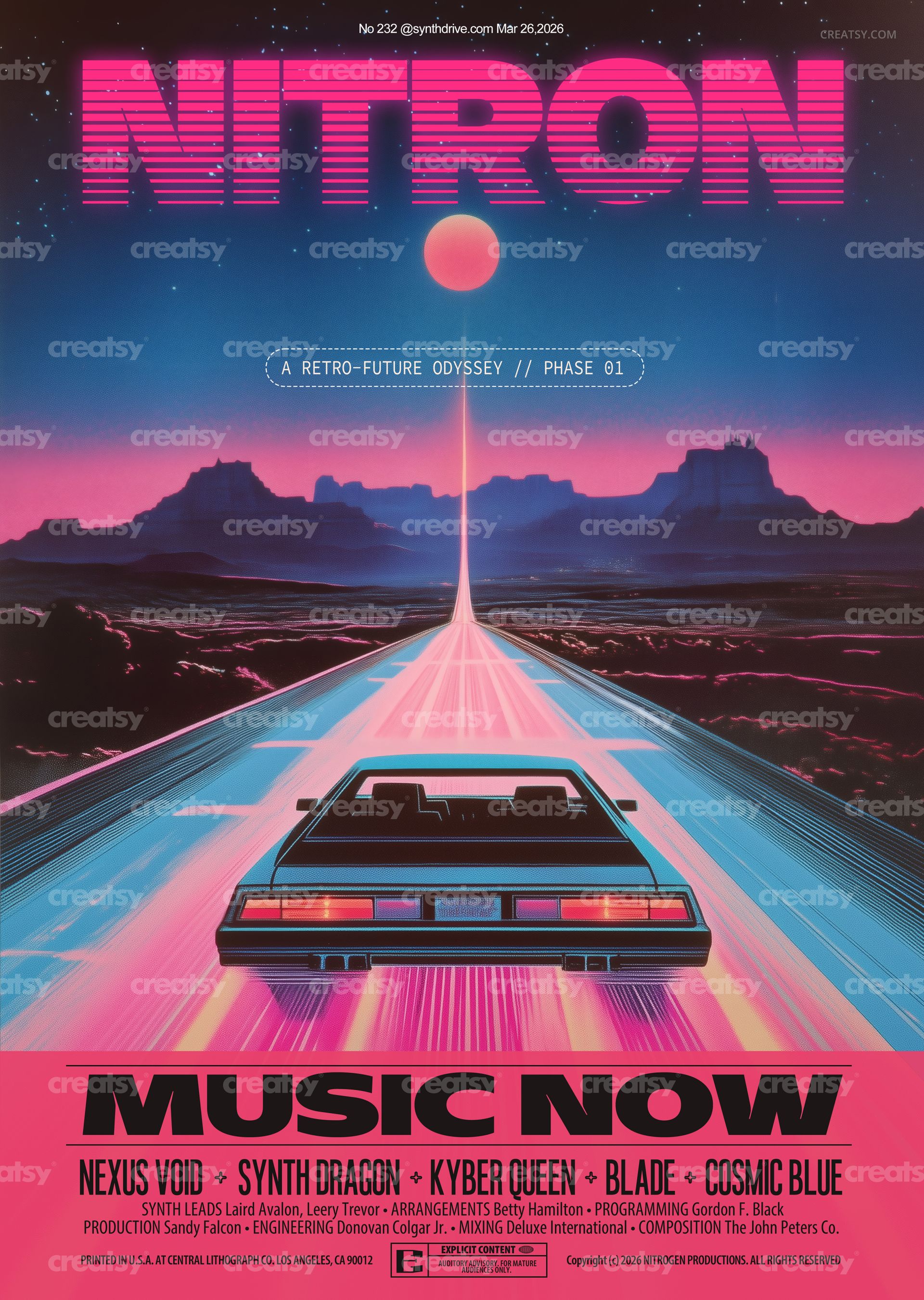 PSD mockup of a poster featuring a stylized car on a glowing road with neon gradients and a dramatic night sky.