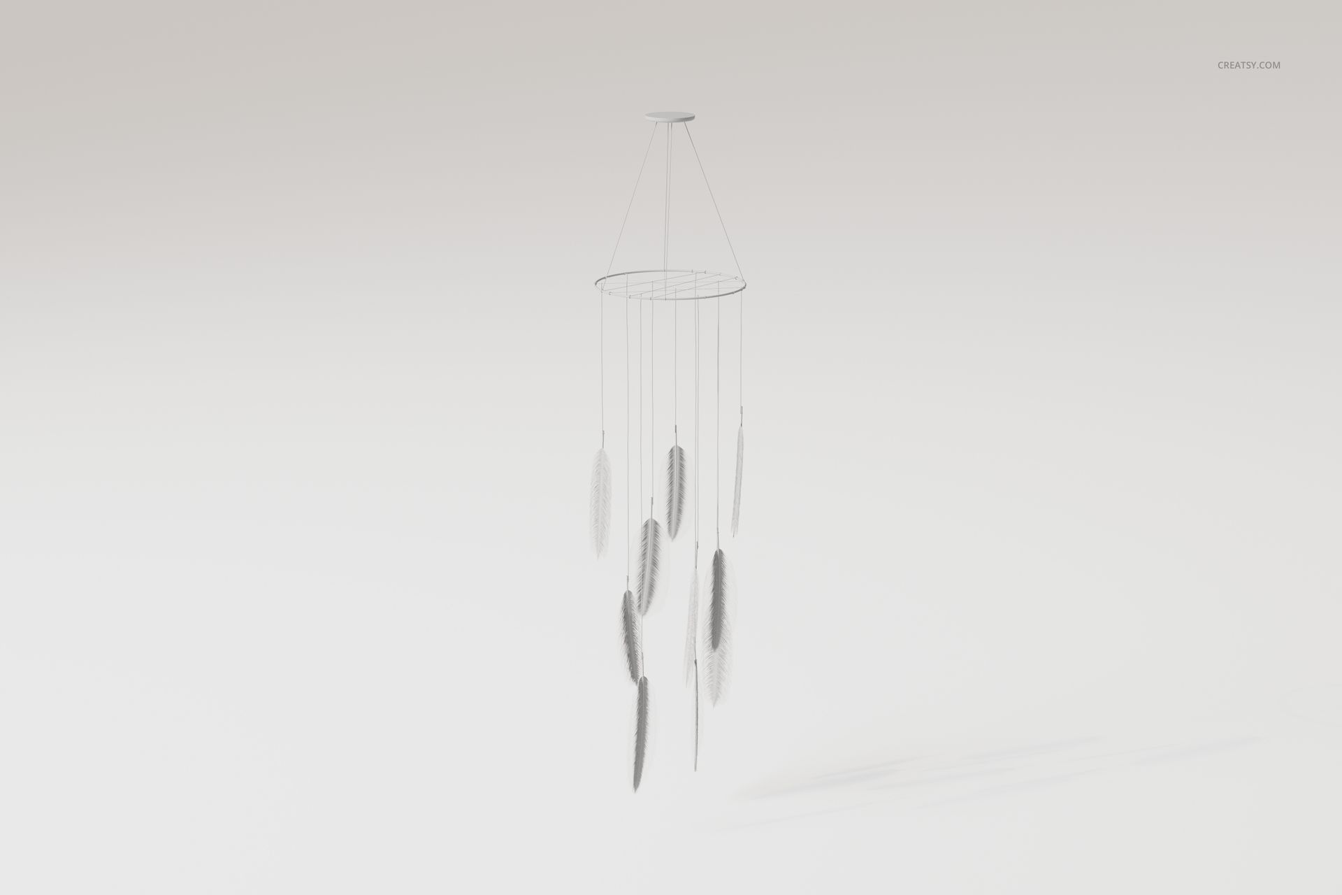 Front view of a feather wind chimes decoration with multiple hanging feathers on strings, set against a plain white background.
