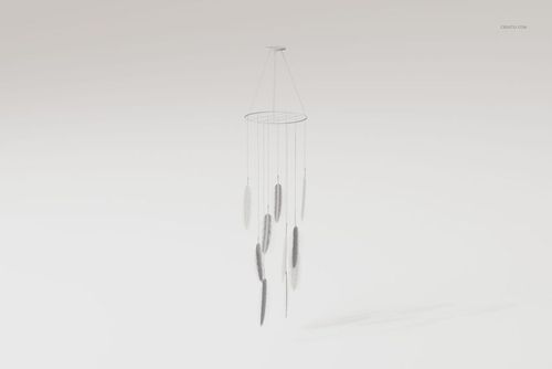 Front view of a feather wind chimes decoration with multiple hanging feathers on strings, set against a plain white background.