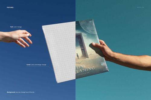 Vinyl record cover mockup being handed from one person to another against a clear blue sky background.