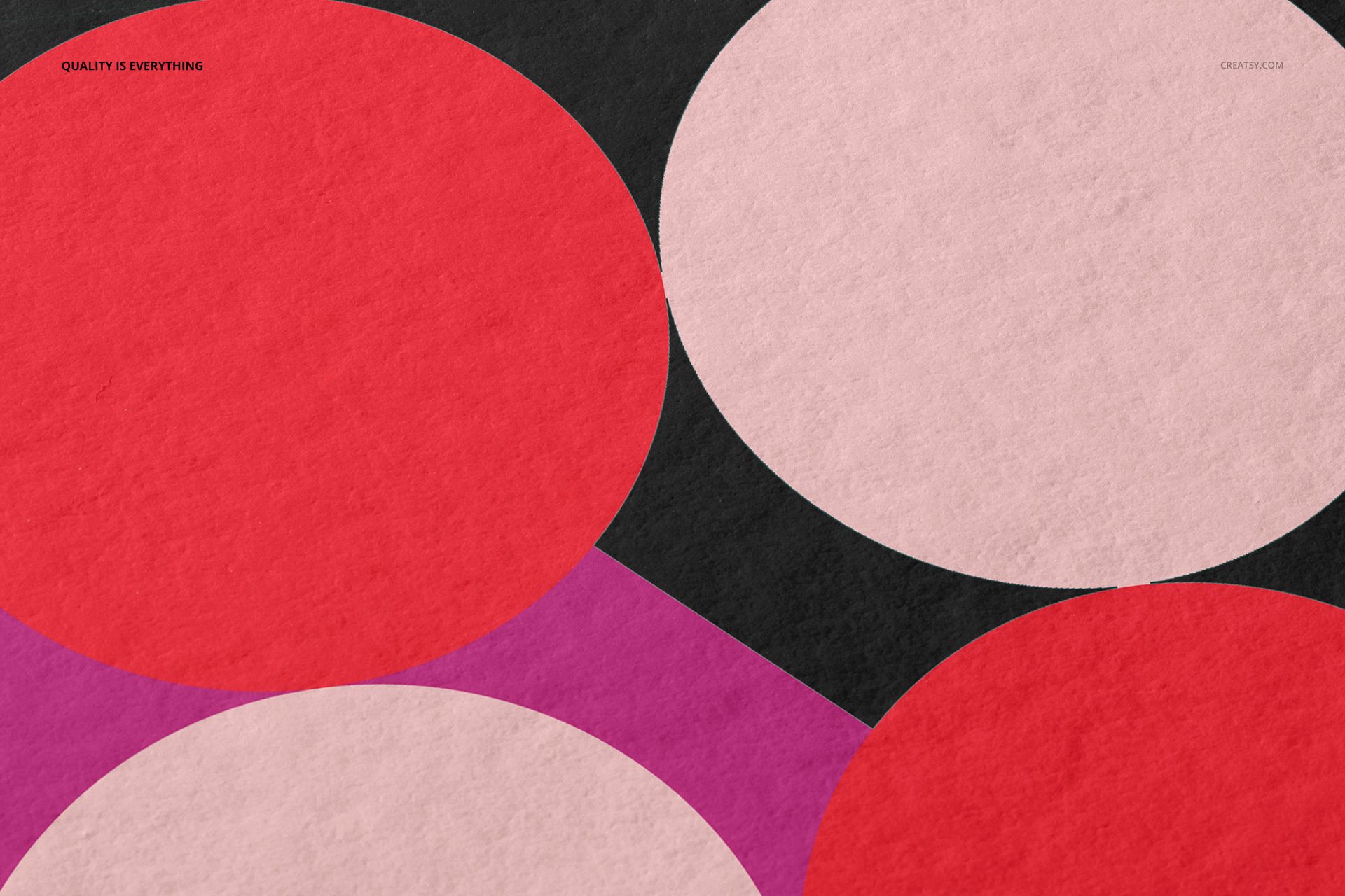A3 fine art print mockup featuring large overlapping circles in red, pink, and purple on textured paper.