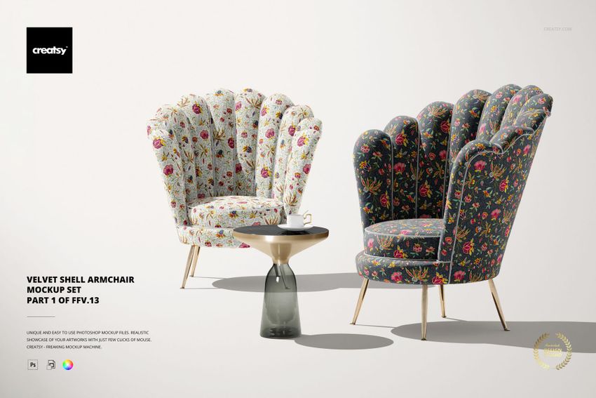 Front view of two patterned velvet shell armchairs in a mockup scene, featuring a metallic side table on a light background.