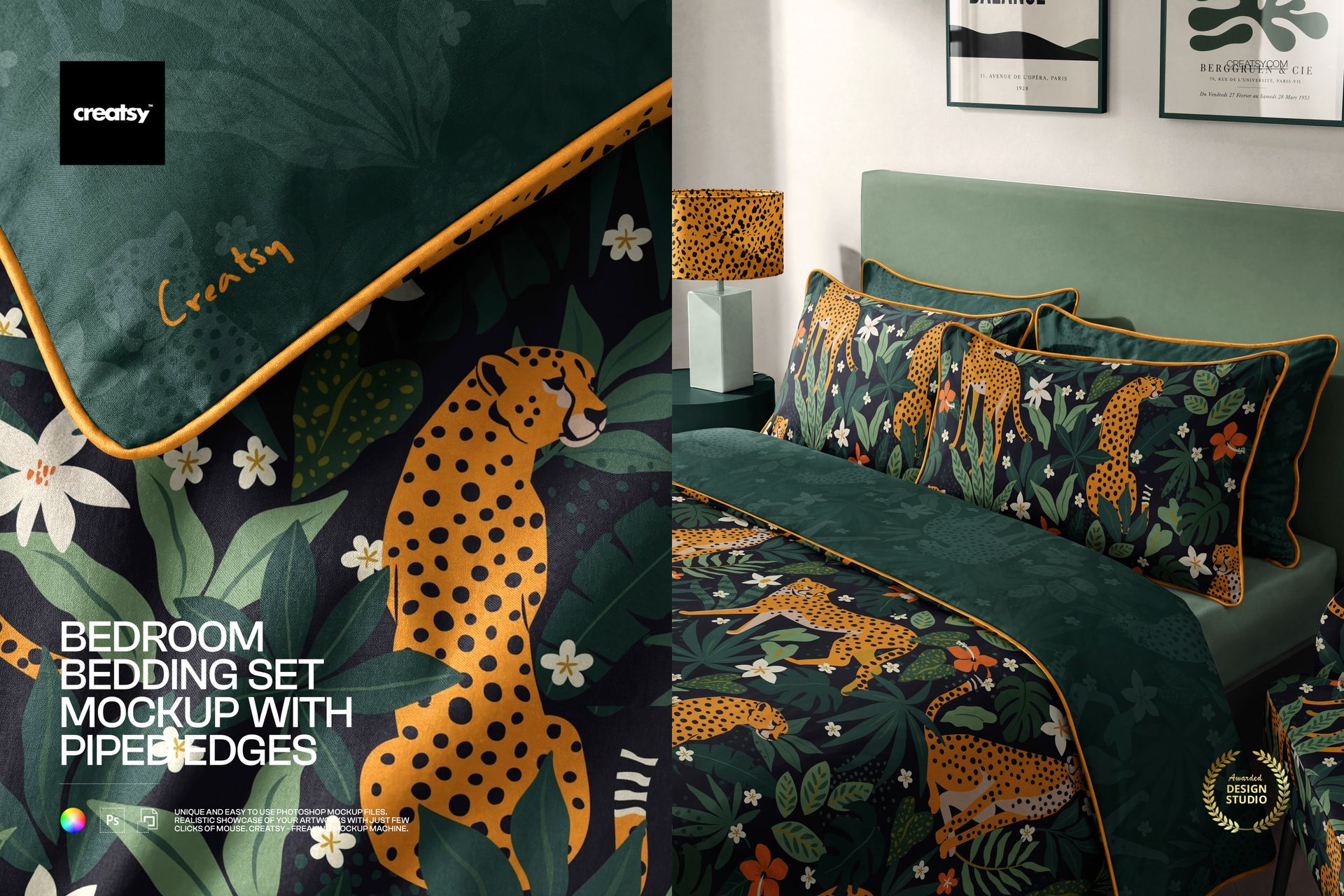 PSD mockup of a bedding set with piped edges, decorated with cheetahs and leafy floral designs in a modern bedroom.