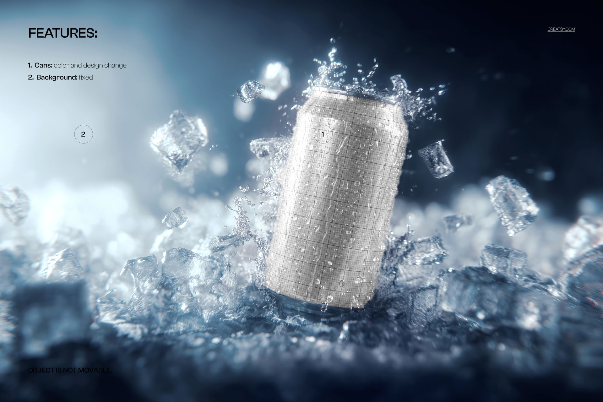 PSD mockup featuring a drinkware can placed upright among scattered ice cubes, with a cool blue background.