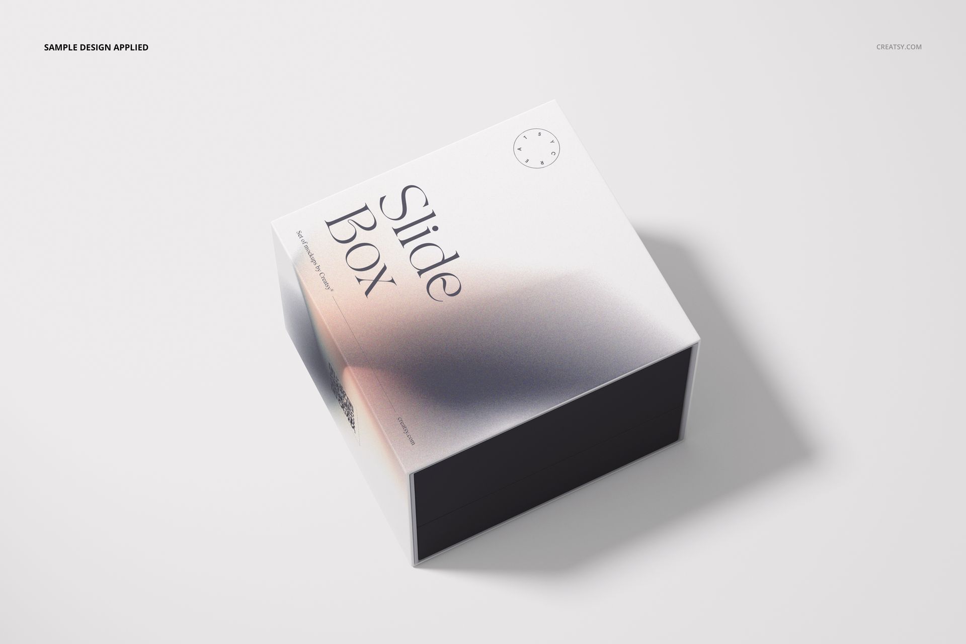 Slide gift box mockup featuring a clean, soft gradient pattern on the lid, presented in a top-side perspective.