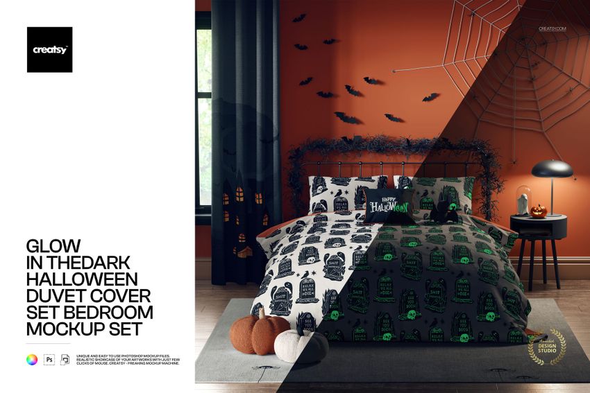 Glow in the Dark Halloween Duvet Cover Set Bedroom Mockup - mockup screenshot 1